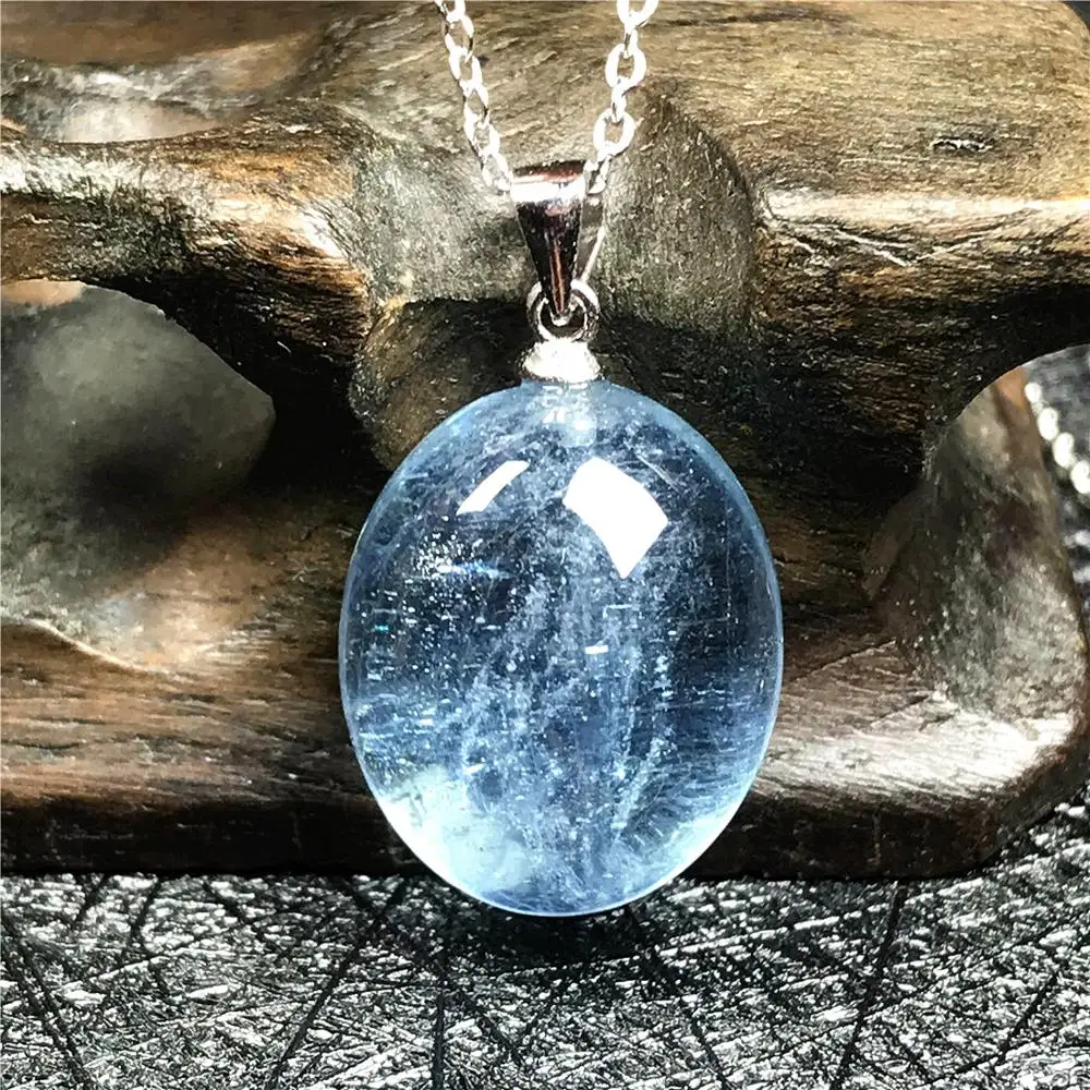 Pendant Necklace Natural Ocean Blue Aquamarine Jewelry For Woman Lady Man Silver Chains Crystal 19x14x9mm Beads Oval Stone AAAAA | Украшения