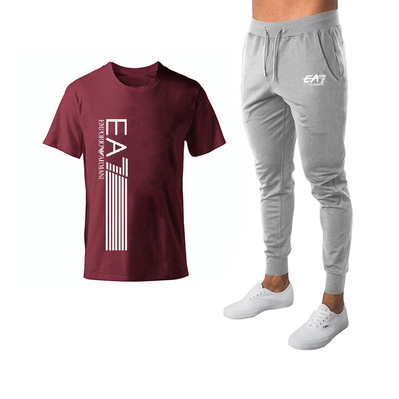 

2021 New Printed Cotton Men's Sports T-shirt + Pants Two-piece Casual Suit Men's Short-sleeved Sports T-shirt Men