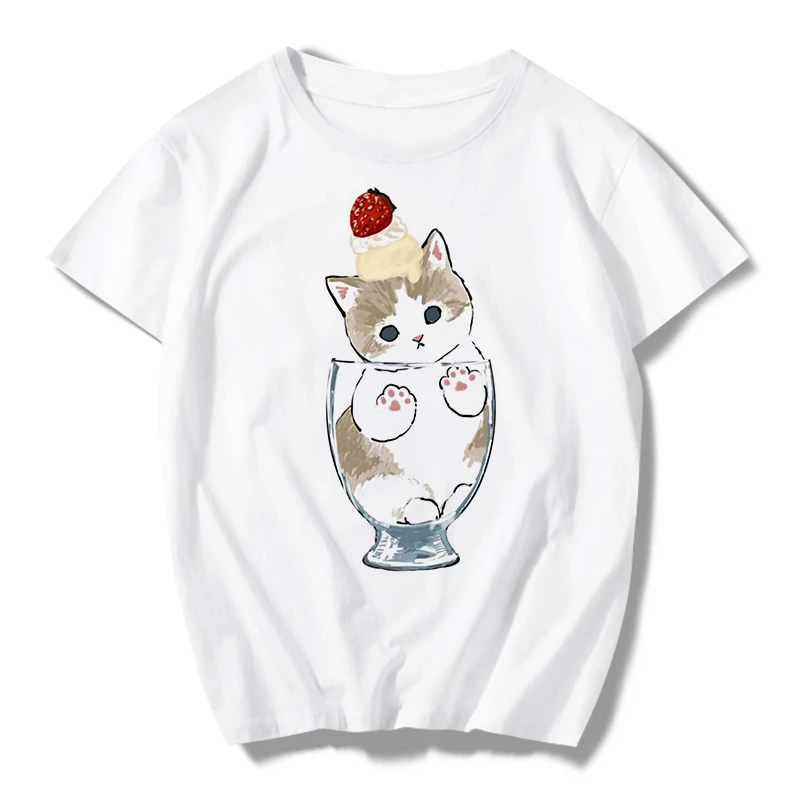 

Cute Cat T-shirt Women Vintage Harajuku Korean Style Punk Gothic Kawaii Plus Size Skipoem Short Sleeve Cotton Top Tees Clothes
