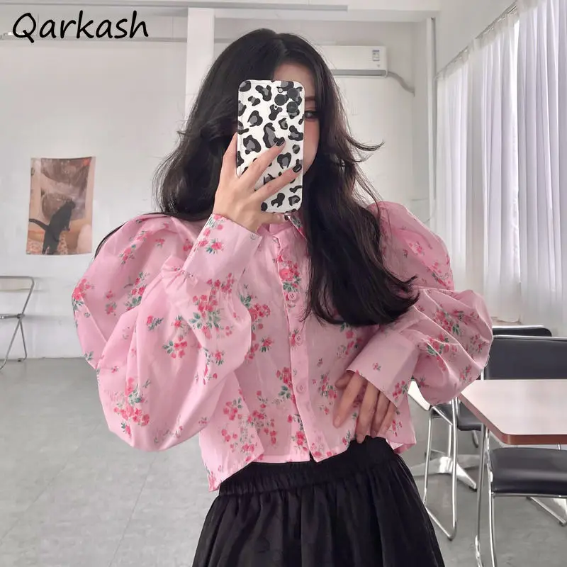 

Floral Shirts Women Cropped Puff Sleeve Romance Holiday Retro Chic Design Spring Femme Sweet Tops Soft Elegant Mujer Ins Blusas