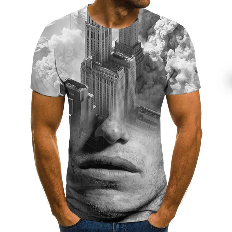 Brand men T-shirt fashion trend personality creative architecture 3D digital printing Tshirt summer short-sleeved casual Tee | Мужская