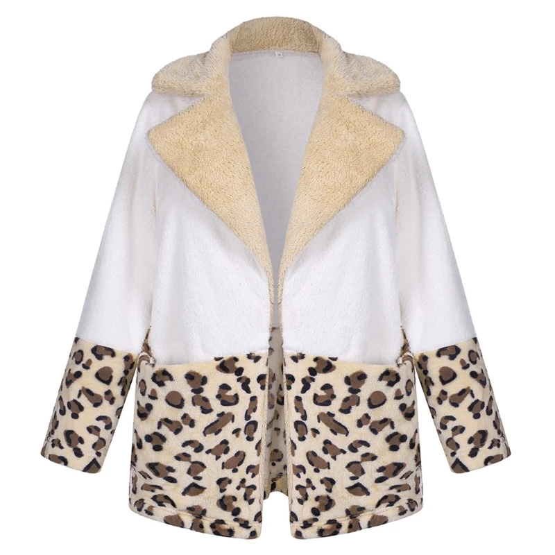 

2021 Women Contrast Stitching Leopard Printed Casual Cardigan Outwear Lapel Coat Winter Warm Long Sleeve Plush Jacket Tops