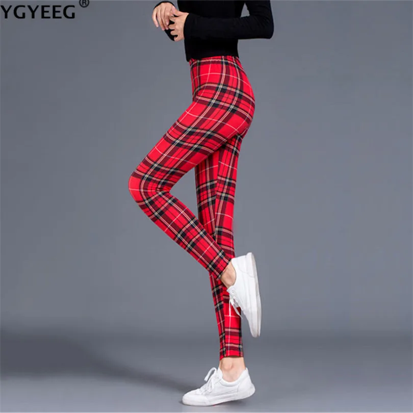 

YGYEEG Women Leggings Push Up High Waist Elasticity Fitness Plaid Printing Leggins Breathable Pants Strength Plus Size Legging