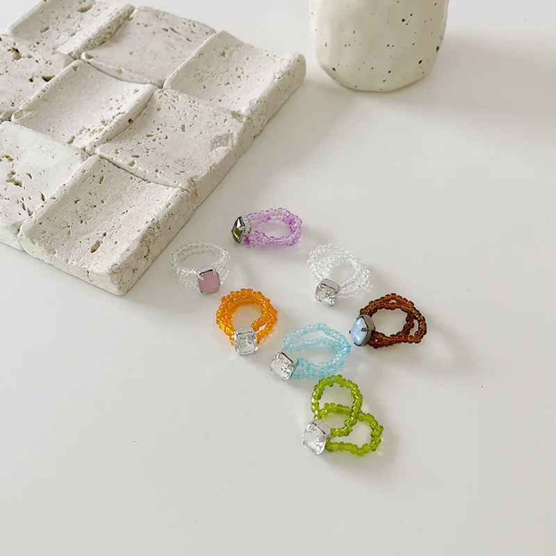 

2021 Fashion Shiny Colorful Crystal Handmade Braided Bead Rings for Women Party Wedding Jewelry Gifts Jewelry Accessories