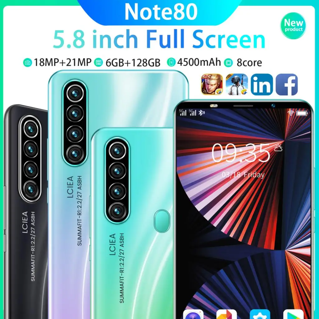 

New Arrival Android Phone Note80 MTK6898 8 Core 6+128G Smartphone 5.8Inch Android 10 4500MAH 5G 18MP+21MP Fingerprint ID