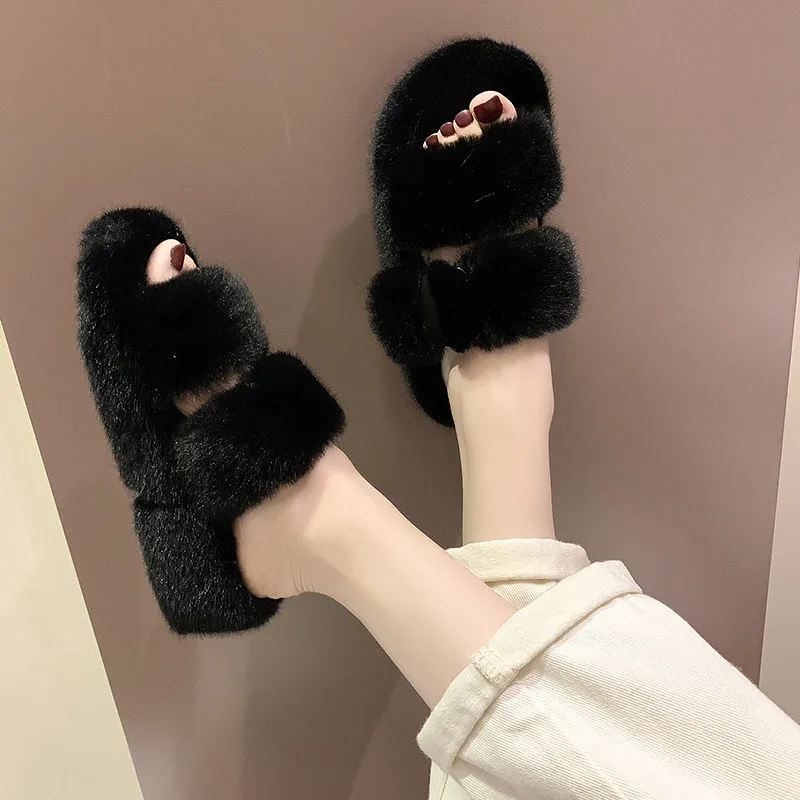 Новые пушистые Шлепанцы из искусственного меха женские меховые шлепанцы