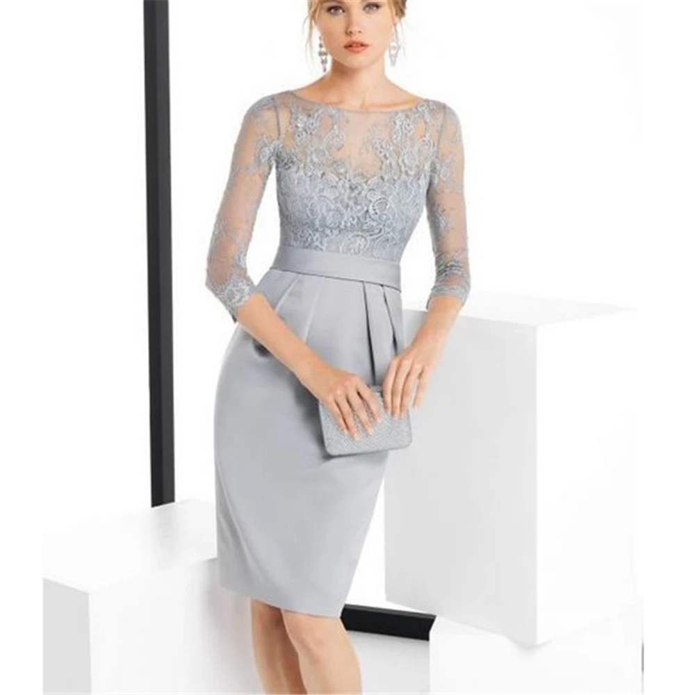 Кружевное серое платье для матери невесты до колена с коротким рукавом