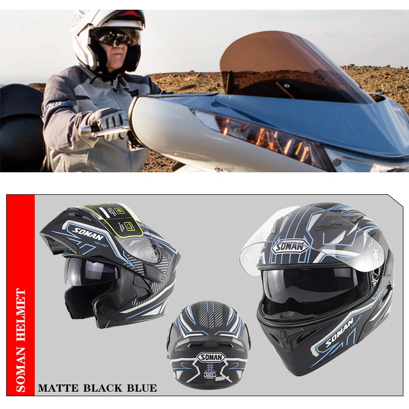 SOMAN Bluetooth шлем откидной козырек с двумя линзами Casco Moto крутой мотоциклетный полным