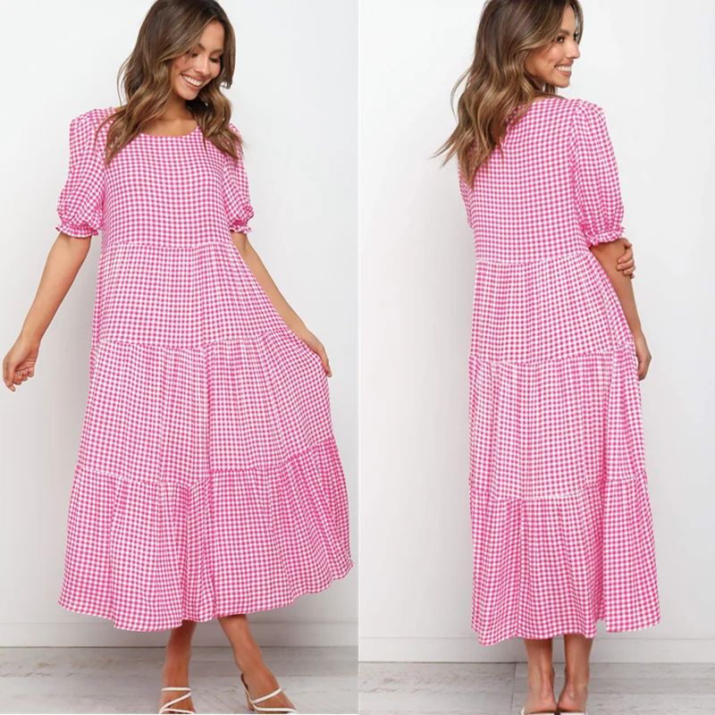 

Women Summer Plaid Polka Dot Print Maxi Dress O Neck Short Puff Sleeve Ruffles Elegant Beach Party Dresses Vintage Dress Vestido