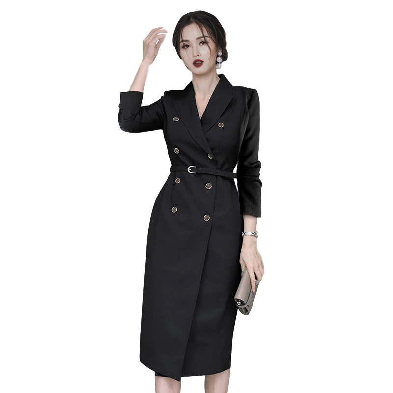 

Женский двубортный офисный костюм, элегантное черное платье с длинным рукавом, деловая одежда, весна 2021