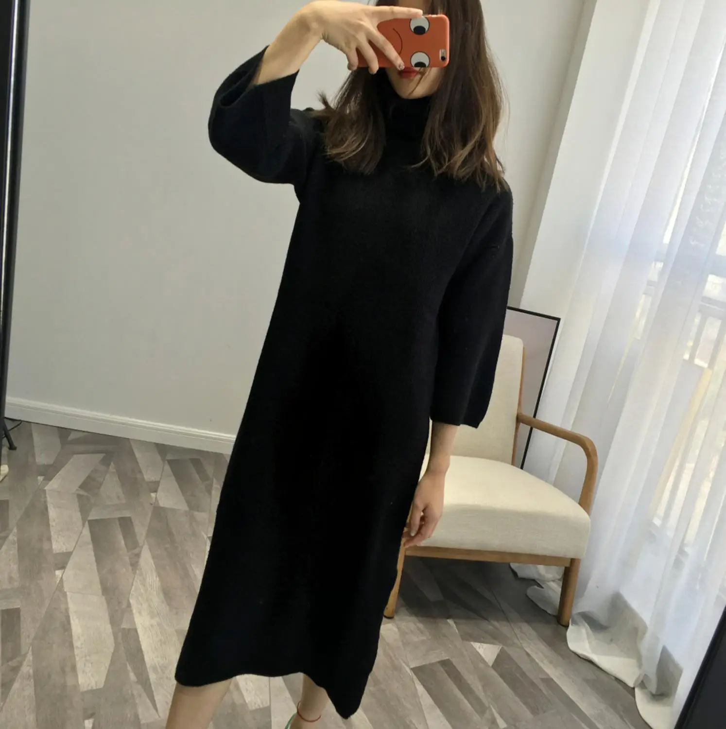 Женский длинный вязаный свитер свободный трикотажный пуловер с высоким