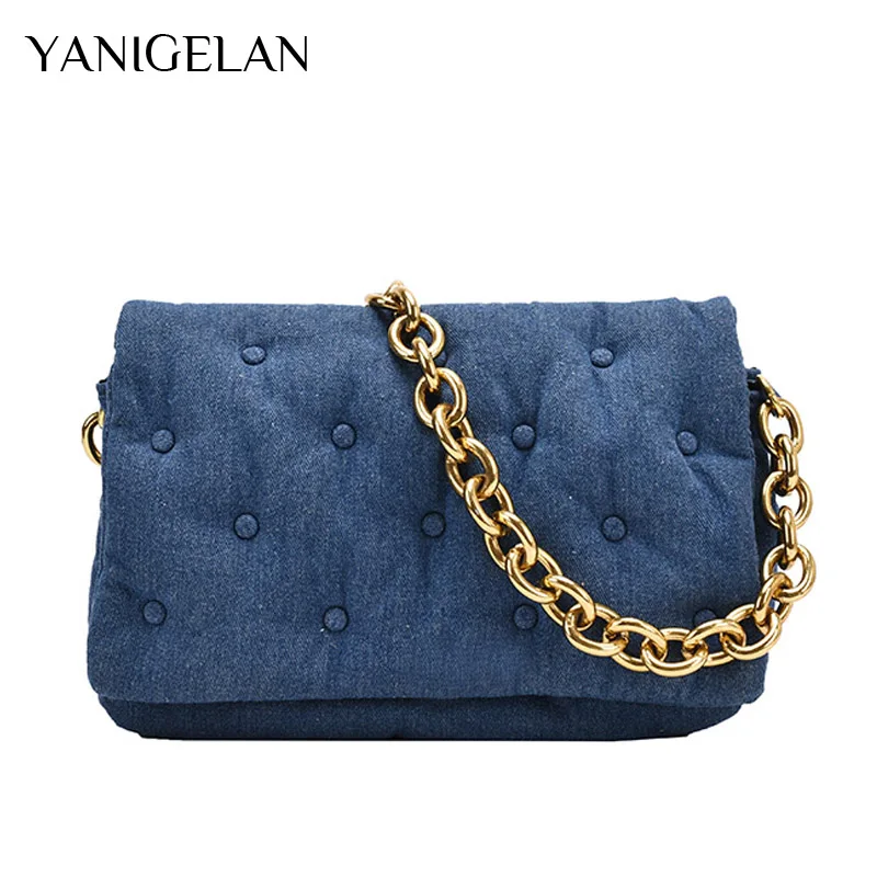 

New Cowboy Shoulder Messenger Bags Leather Ladies Underarm Bag Thick Metal Chain Purse And Handbag Denim Quailty Clutch Hobo Bag