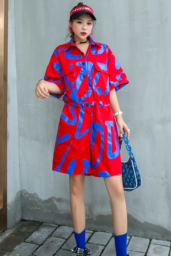 

Temperament tide brand hip-hop fried street one-piece wide-leg pants suit women's summer fashion jumpsuit shorts