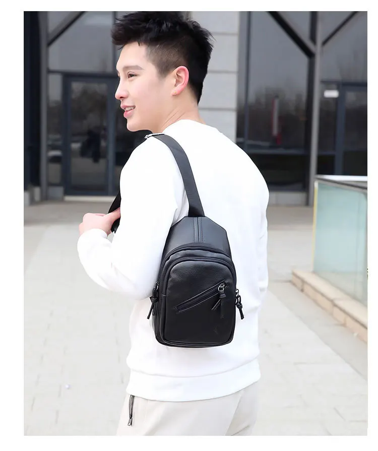 

New European and American fashion and simple men's chest bag, outdoor sports and leisure Pu solid color straddle bag