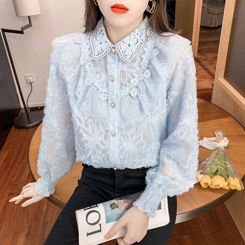 Новая весенняя Милая офисная Дамская блузка с кружевным воротником и оборками