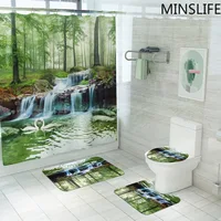 Green Shower Curtain Set Non-slip Bathroom Mat Bathing Sets Toilet Cover Rugs Flannel Carpet Forest Landscape Pattern