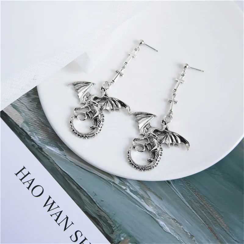 Gothic Statement Exaggerated Punk Alloy Cross Dragon Pendant Men Women Fashion Weird Earrings Jewelry Accessories | Украшения и