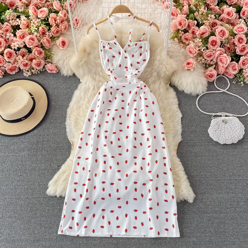 Осень 2021 платье во французском платикодоне с клубничным принтом легкое длинное