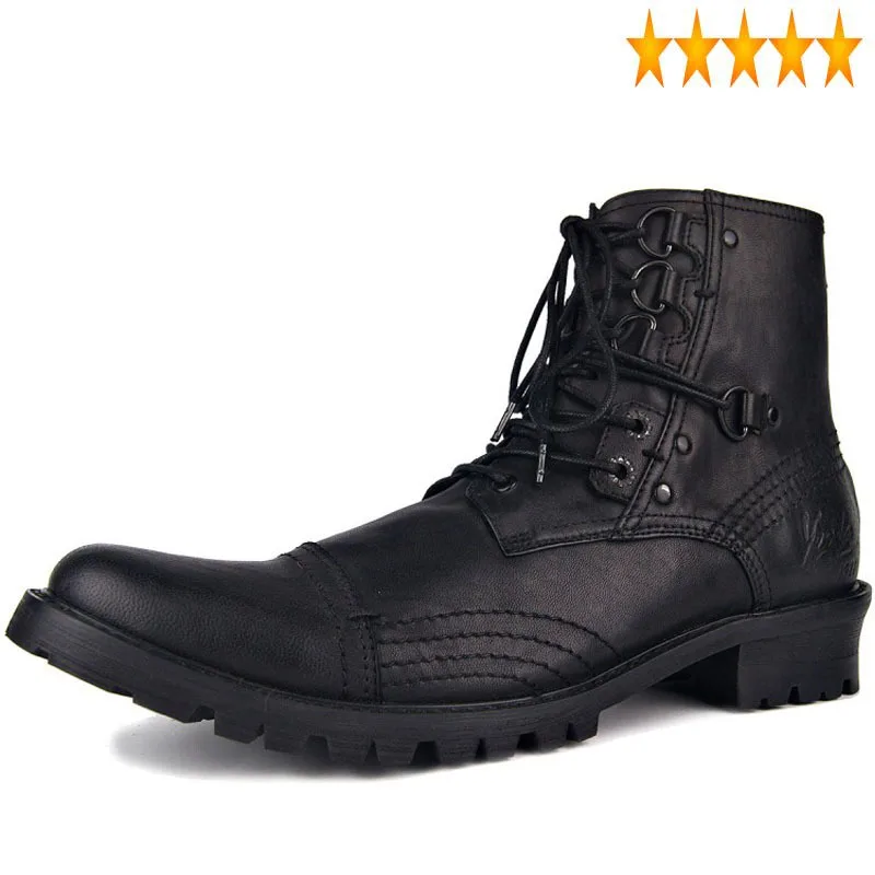 

Lace Punk Leather Style Genuine Up Mens Military Cowboy Boots Handmade Casual Black/Blue Working Riding Botas Hombre Plus Size