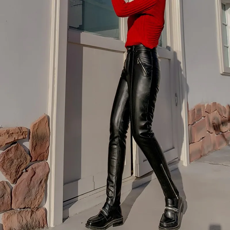 Брюки-карандаш женские из натуральной кожи с завышенной талией | Женская одежда