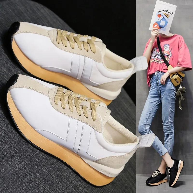 

New Breathable Women Casual Shoes Trainers Flats Lace-Up Sneakers Pigskin Women Spring Autumn Shoes Sports Running Shoes Outdoor