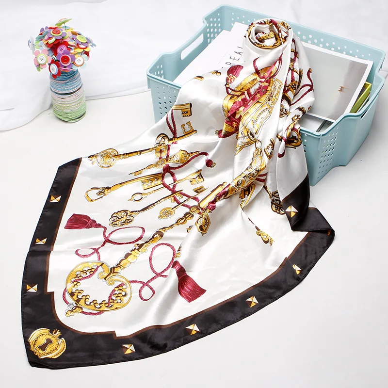 

Square Scarves Women Chain Print Sunscreen Silk Scarf Female Satin Long Scarf dual-use Shawl Beach Towel Shawl key tassel