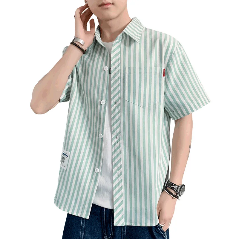 

Striped short sleeve shirt men's 2021 summer Korean loose and versatile trend 5-sleeve casual shirt jacket men's wear
