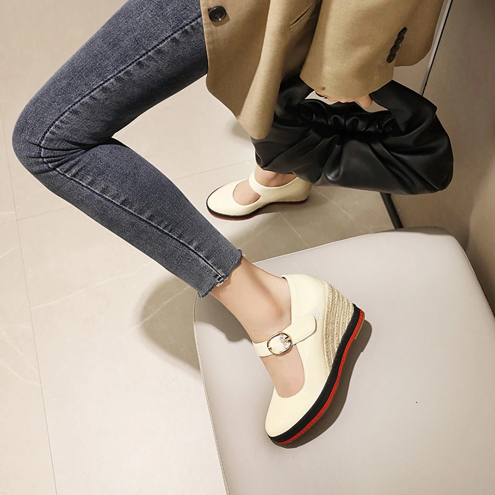 

WETKISS 2021 New Woman Pumps Patent Leather Shoes Mary Jane Wedge Heels Casual Ladies Espadrilles Platform Spring Summer Shoes