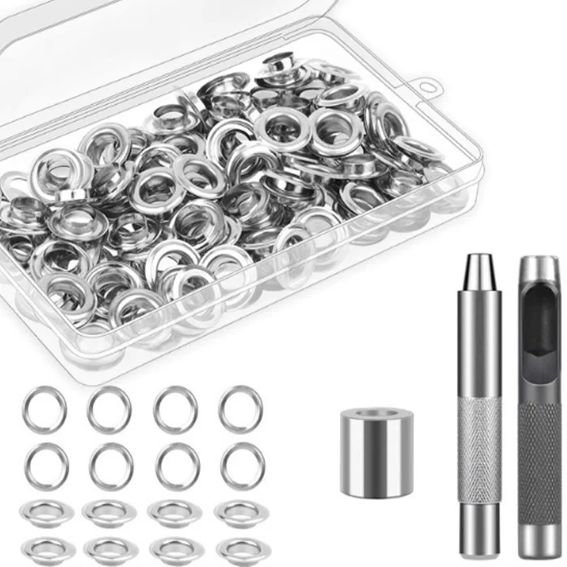 

Free Shipping 100 set silver eyelet and Eyelet Punch Die Tool Set for Leather Craft Clothing Grommet Banner 4mm - 20mm