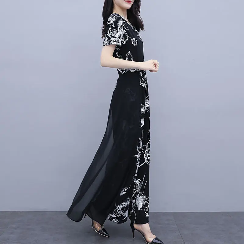 Female 2023 Summer New Short-sleeve Chiffon Jumpsuit Printed Casual High Waist Wide-leg Trousers Jumpsuits Romper Women Y443
