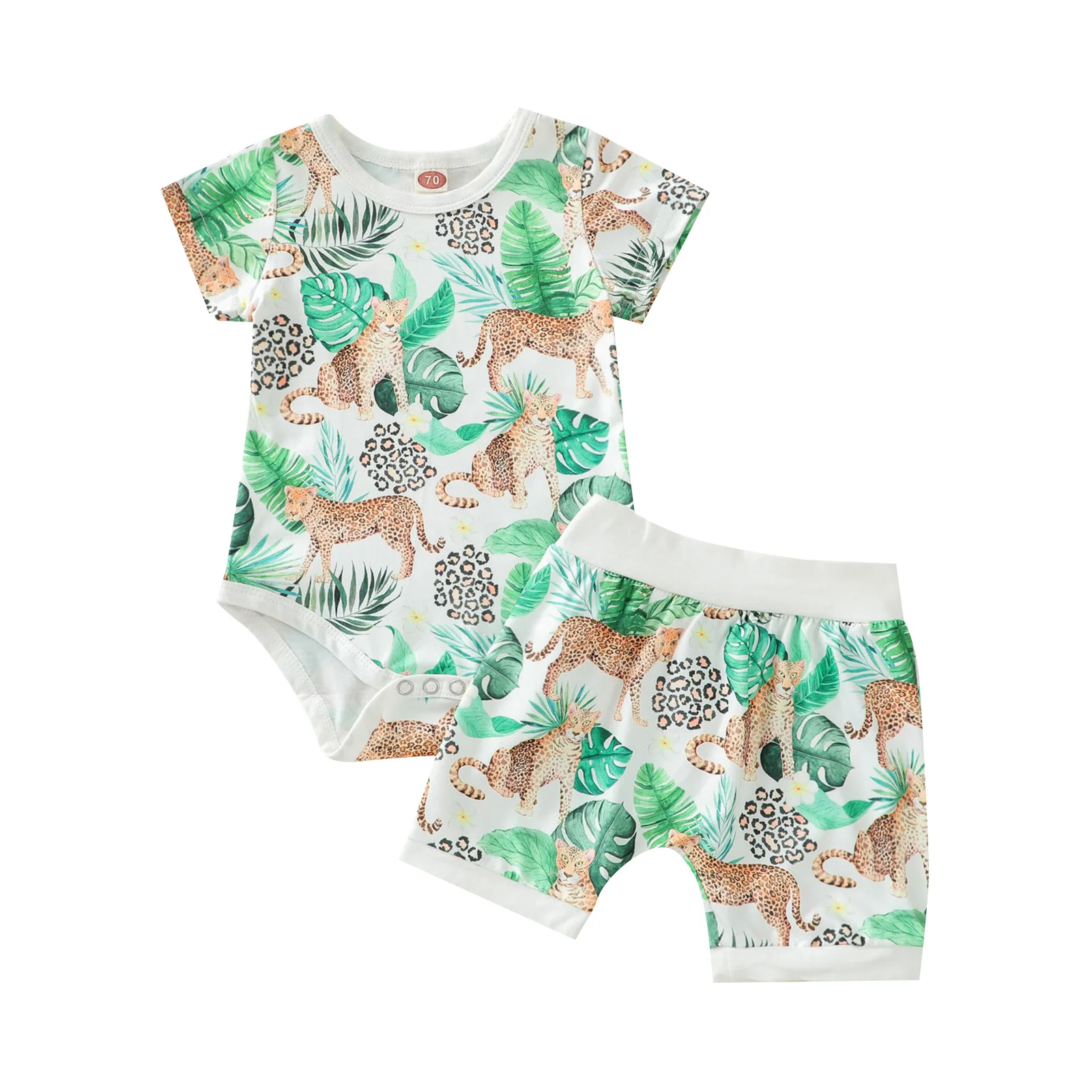 

OPPERIAYA Summer Toddler Baby Boys Two-piece Clothes Casual Set Animal Print Round Collar Short Sleeve Bodysuit and Shorts
