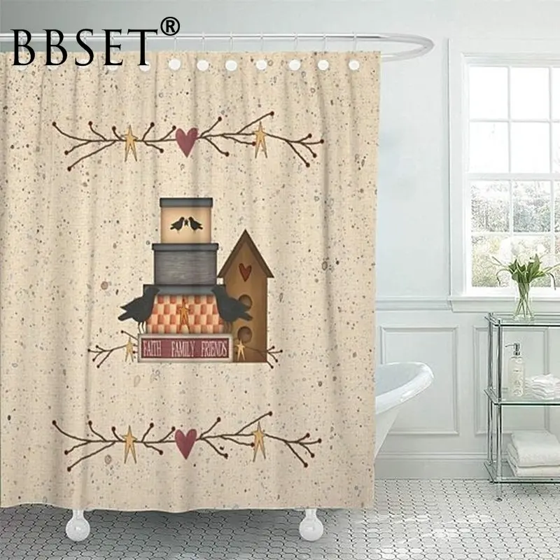 

Retro Shower Curtain Nostalgic Farm and Two Black Birds Pattern Waterproof Multi-size Douchegordijn Bathroom Decor with 12 Hooks