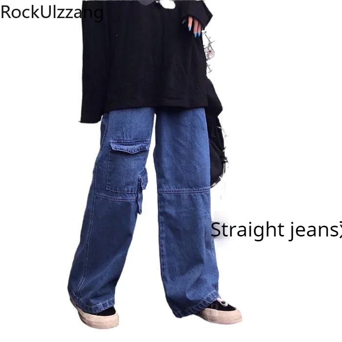 Передняя карго штаны с карманами Высокая Талия Свободные прямые джинсовые Для