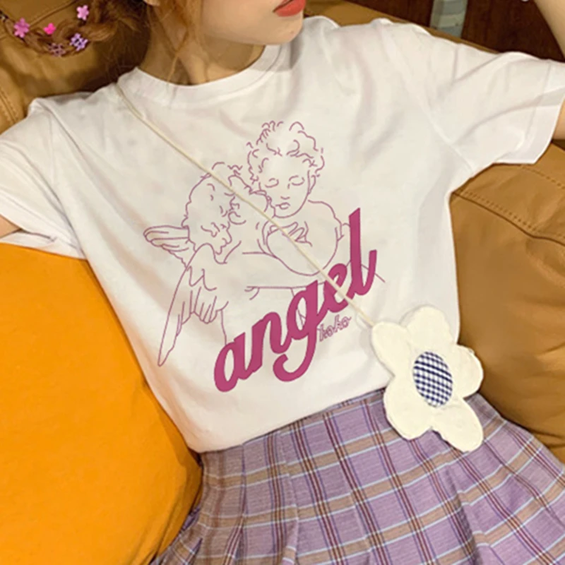 Kawaii Angel розовая Милая забавная Футболка с принтом летняя одежда коротким рукавом