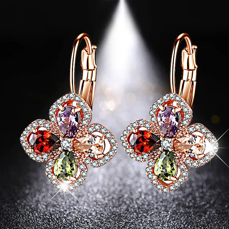 

HUAMI New Flower Earrings Stud Coloful Zircon Shine Two Style Jewelry for Women Hoop Gold Earring Wedding Boucle d’oreille Femme