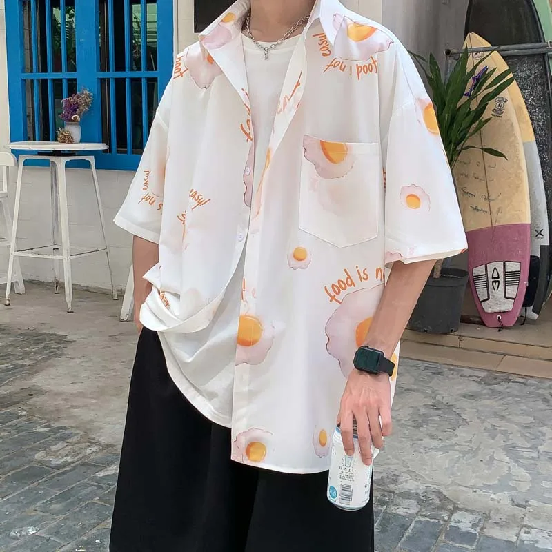 

Omelette Printed Shirt Men Plus Size Short Sleeve Shirts Loose Summer Fashion Casual Korean Shirt Mens Tops