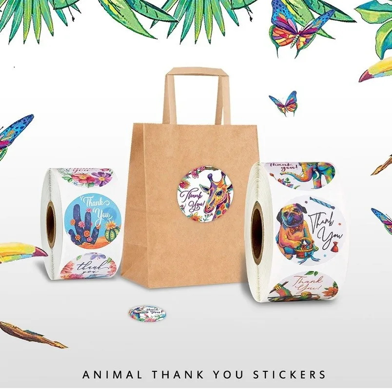 

8 Styles/Roll Round Animal or Floral Thank You Stickers Seal Label for Scrapbook Package Personalized Decor Stationery Sticker
