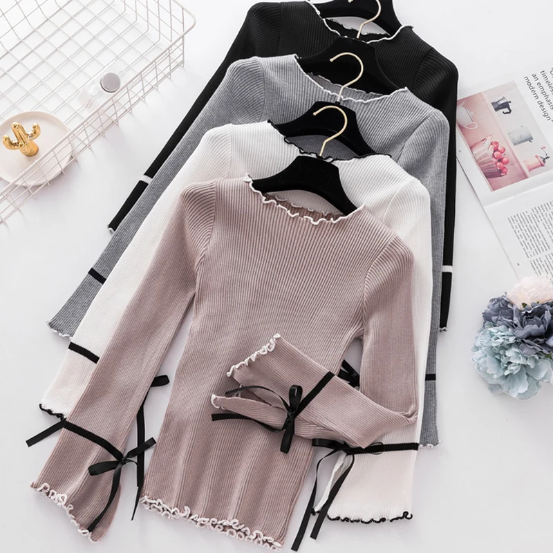 

New Autumn Winter Womens Sweaters Luxury Mandarin Sleeve Knitted Ruffled Collar Woman Sweaters Fashion Slim Fit Lady Sweaters