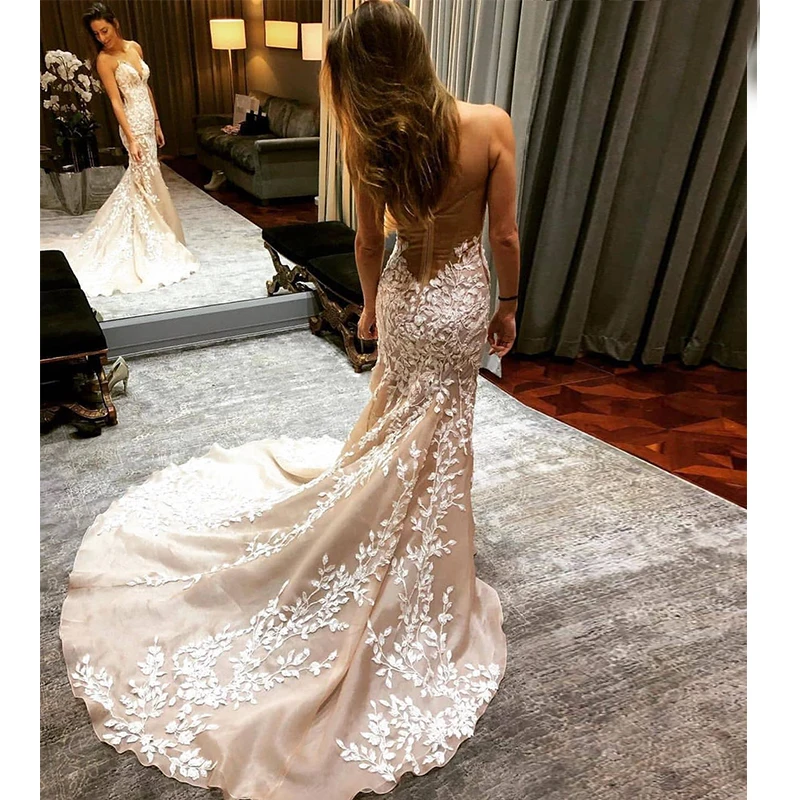 

Lover Kiss Vestido De Noiva Sexy Sheer Tulle Champagne Backless Wedding Dress Mermaid Beach V Neck Bridal Gowns Robe de Mariage