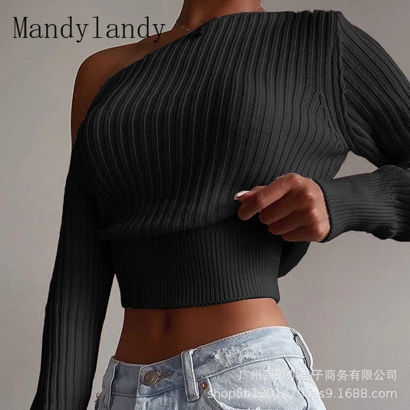 

Mandylandy Sweater Spring Autumn Off Shoulder Long Sleeve Slash Neck Pullover Sweater Women's Casual Solid Color Slim Sweater