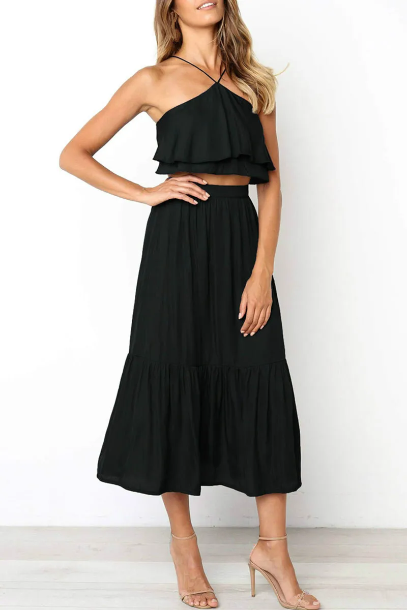 

2 Piece Set Black Women Suits Summer Fashion Women Suspender Skirt Set Sleeveless Backless Halter Tops Set Female Two Piece Set