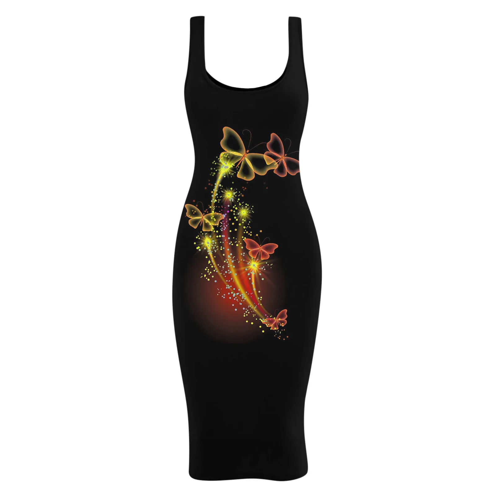

40# Butterfly Printed Bodycon Dress Women Sleeveless Wrap Hip Tank Dress Vintage Backless Low Cut Dress Women Sexy Vestidos
