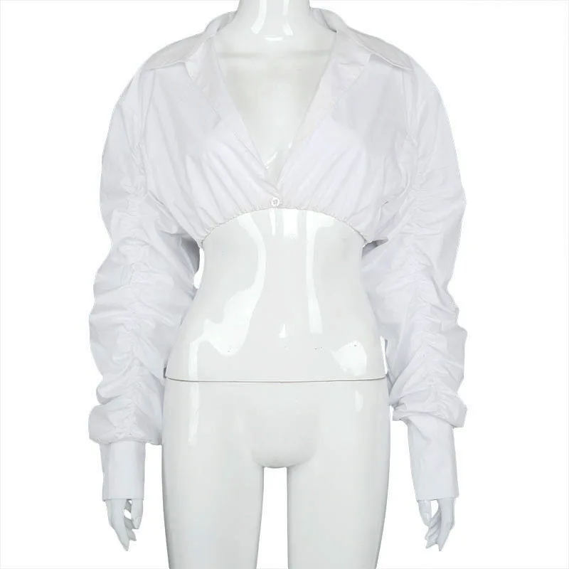 

Ins Hot Sexy V Neck Ruched White Puff Sleeve Shirts Fashion Women Long Sleeve Fashion Fall 2021 Chic Crop Tops Slim Tops Y2k