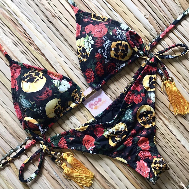 

2021 New Fashion Lace Bikini Printed Swimsuit Women's Sexy Swimsuit Party Swimsuit Floral Print Strappy Bikini for woman