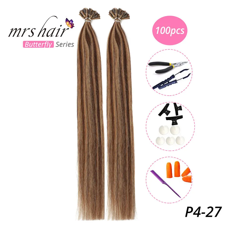 MRS HAIR, 1 г/шт., 14 дюймов, 16 дюймов, 20 дюймов, 24 дюйма, накладные волосы, прямые волосы Remy Nail, кератиновые человеческие волосы, 50 шт - Цвет: KUTP4-27-100