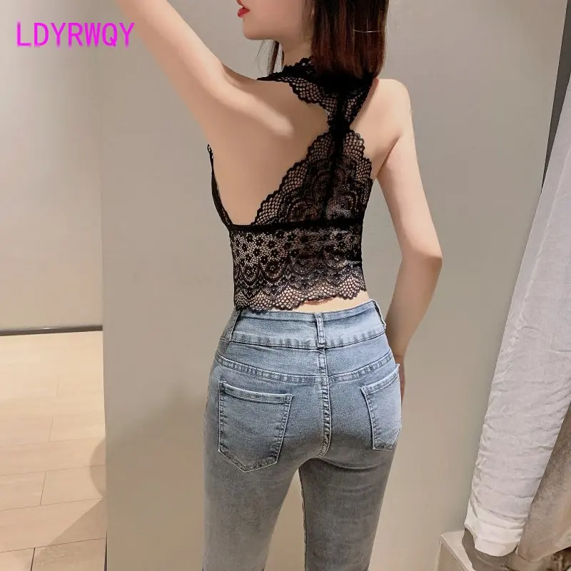 

LDYRWQY 2021 spring new front lace hollow lace camisole short top women Polyester WOMEN