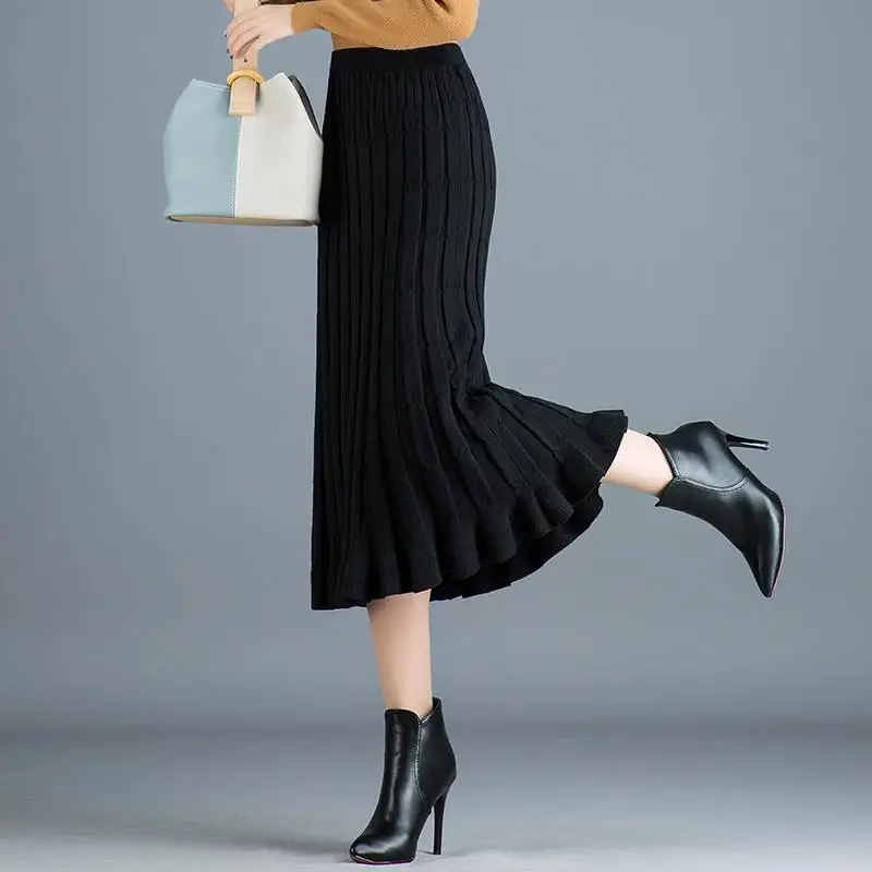 

Big Knitted Pleated Skirt Long Winter Skirt Female Dress Wool Skirt High-Waisted A- line Woman Skirts Mujer Faldas Saias Mulher
