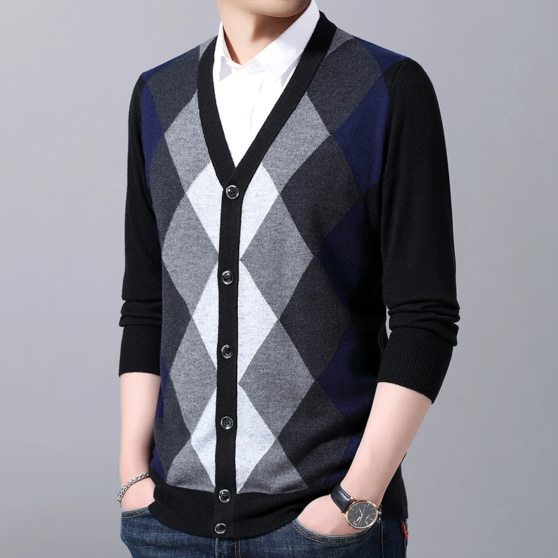 New Fashion Brand 6% Wool Sweaters Mens Cardigan Jumpers Knit V Neck Autumn Patterns Slim Fit Casual Men Clothes