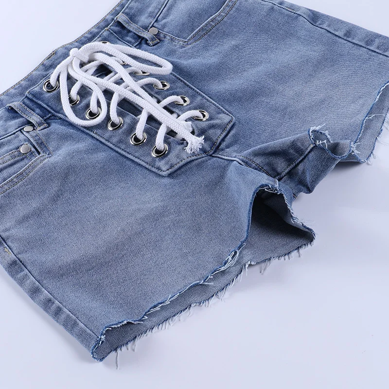 

Front Lace Up Jeans Short Women Casual Basic Simple Denim Short Trouser Straight High Street Trousers Womens Clothing