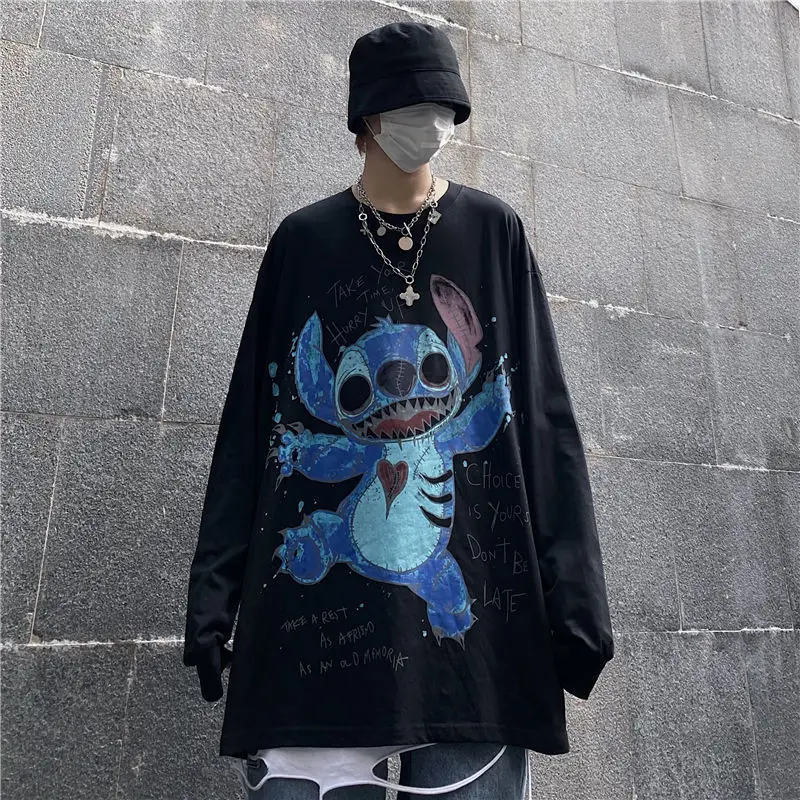 

New hip-hop trend Diablo cartoon printed shirt BF cartoon Hong Kong wind long sleeve student couple T-shirt men and women